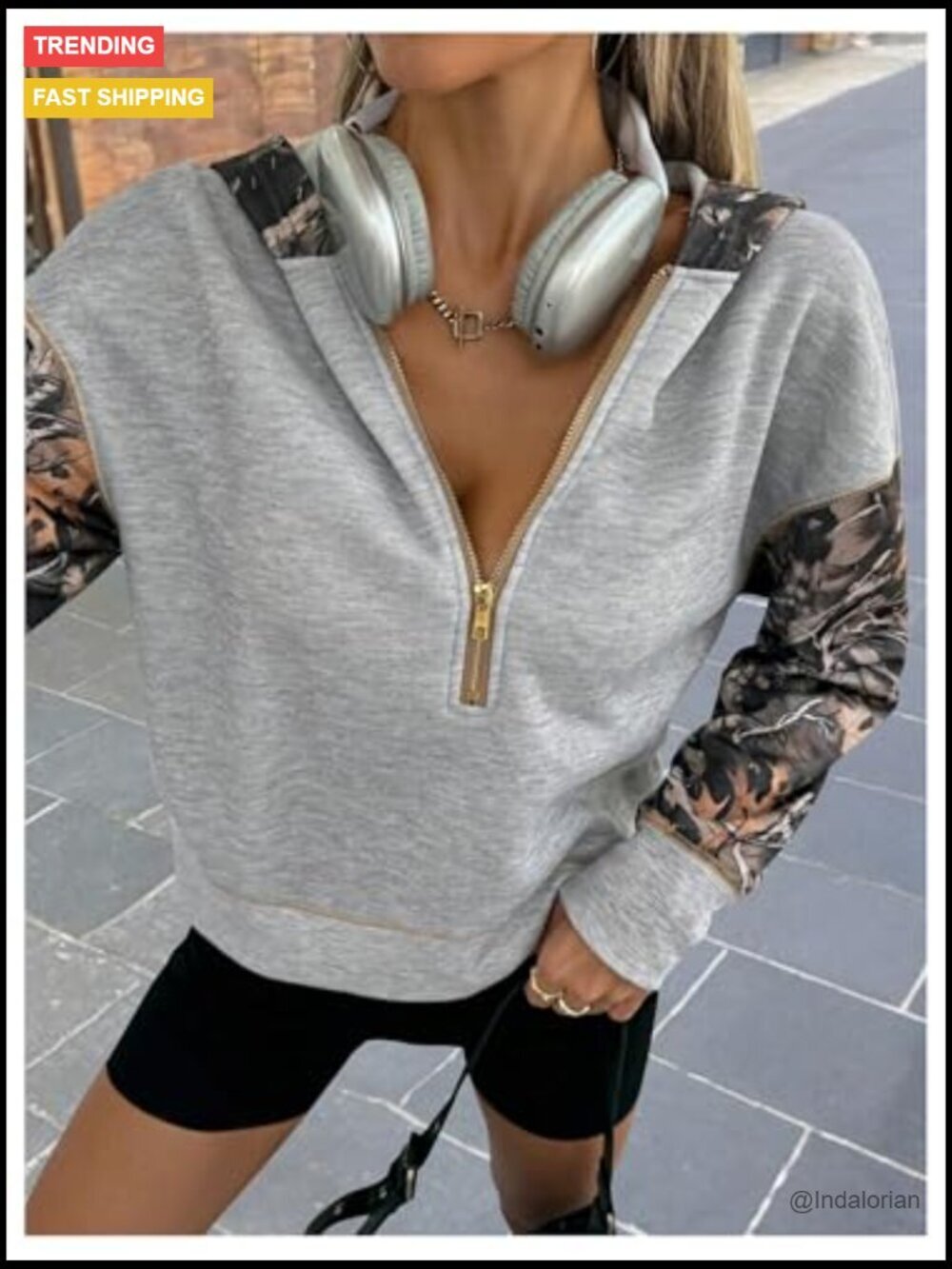 Half Zip Hooded Sweatshirt Drop Shoulder Colorblock Long Sleeve Pullover - Picture 4 of 5